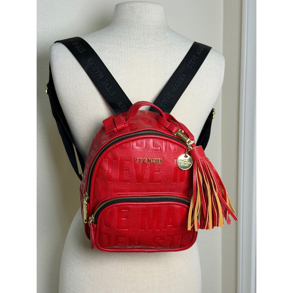 Steve Madden Red Embossed Logo Mini Backpack Gold Hardware Tassel Charm Womens